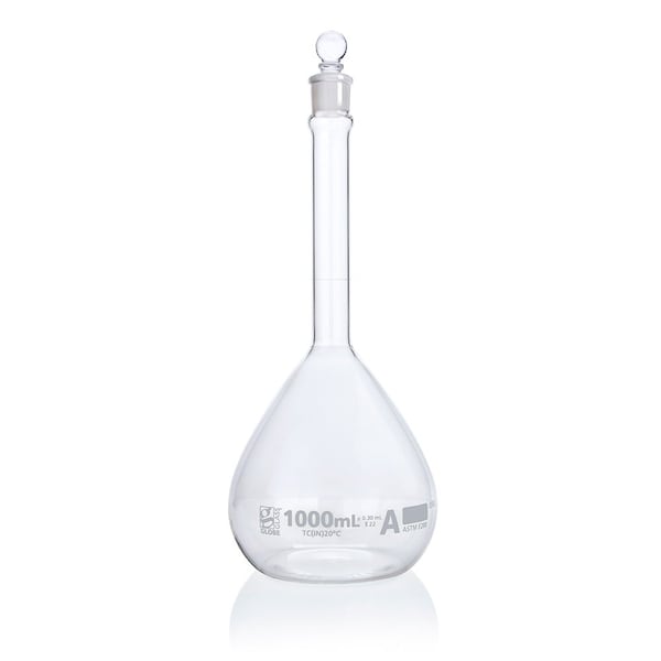 Globe Scientific Flask, Volumetric , Globe Glass, 1000mL, Class A, To Contain (TC), ASTM E288, 1/Box 8201000 - main